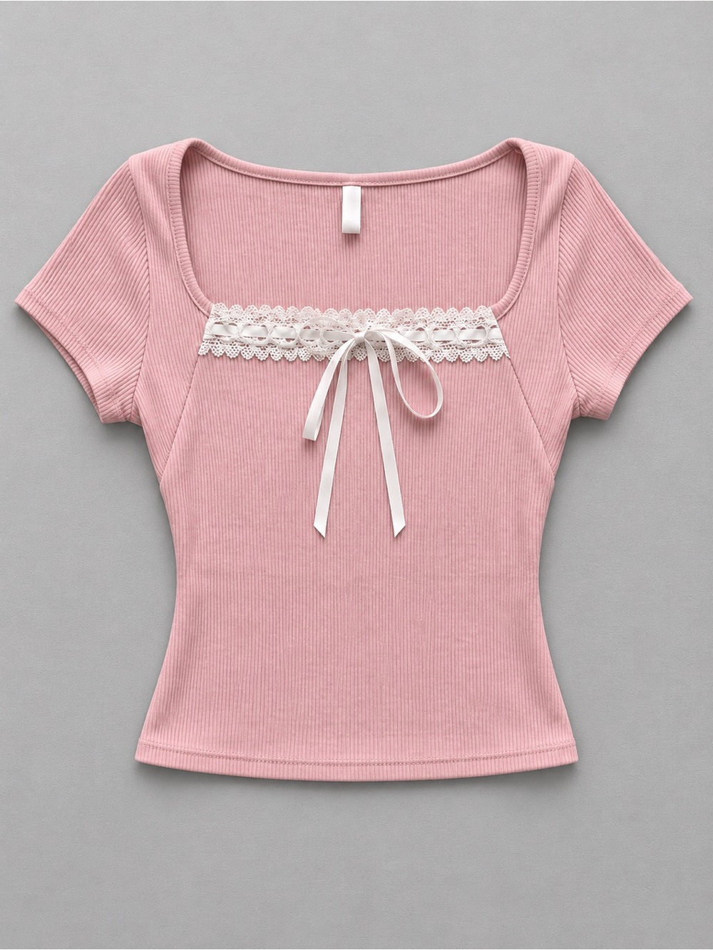 Square Neck Ribbed Tee with Lace Trim - Pink